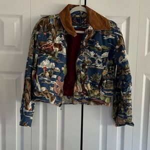 Vintage Limited Scenic Print Cropped Jacket with Corduroy Collar